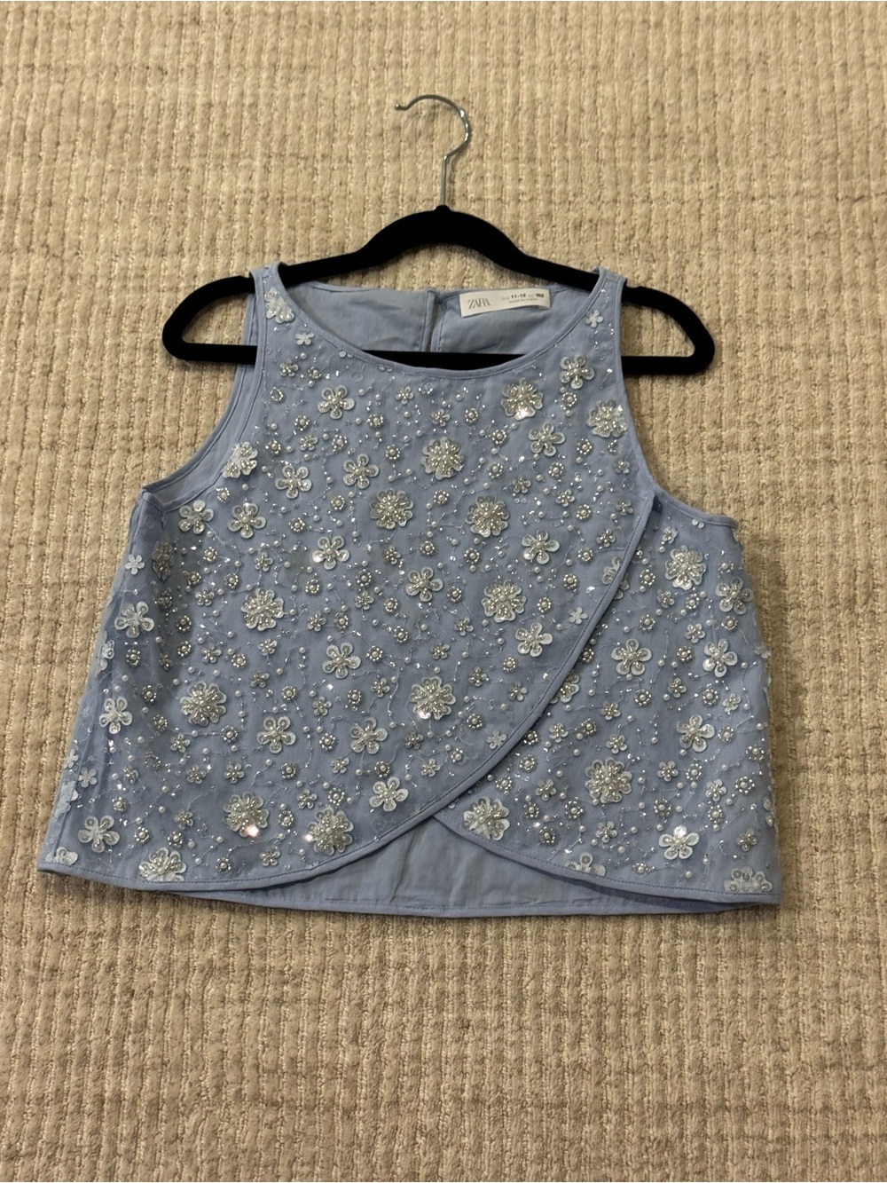 Zara Girls Embellished Floral Beaded Sleeveless Top Blue Size 11-12Y